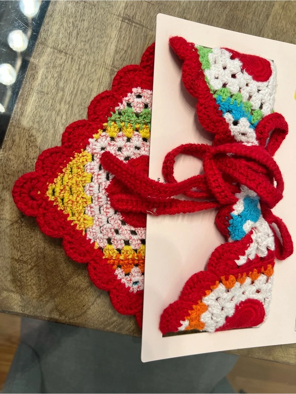 Piper Red Heart Crochet Headband with Rainbow Stripes hair piece